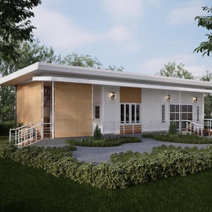 Puede incluir: Una casa moderna de color blanco y madera con un techo plano y una pasarela que conduce a la puerta principal. La casa tiene grandes ventanas y un pequeño patio con césped verde y arbustos.