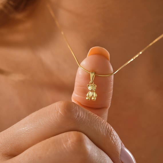 14k Gold Teddy Bear Necklace: Minimalist Animal Pendant