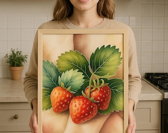 Strawberry Botanical Wall Art | Watercolor Fruit Kitchen Print | Farmhouse Dining Room Decor (Digital Download)