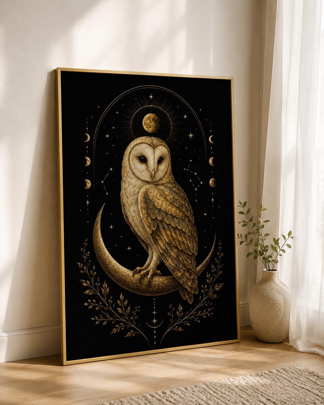 Barn Owl Wall Art, Gold Owl Crescent Moon Print, Black and Gold Celestial Decor, Mystical Owl Printa