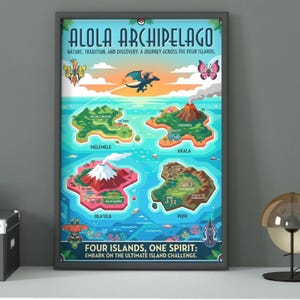 May include: A framed poster featuring a colorful map of the Alola Archipelago, with four distinct islands. The poster includes text that reads "Alola Archipelago" and "Four Islands, One Spirit." The artwork has a cartoon style with vibrant colors.