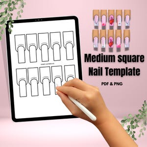 May include: A digital template for nail art featuring a medium square nail shape. The template is on a white background and has 10 nail shapes.