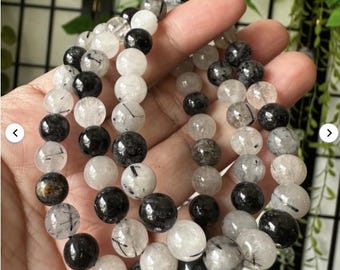 Black tourmaline & clear quartz 8mm beaded bracelet