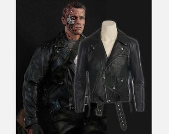 Jaqueta de couro preta Terminator T-800 – Fantasia masculina de cosplay e Halloween