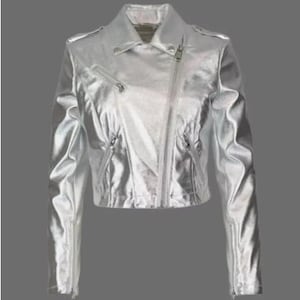 Silver Metallic Leather Biker Jacket – Sequin Cropped Limited Edition Outerwear