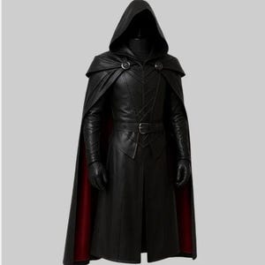 May include: A black hooded cloak and coat ensemble. The long coat features a belt at the waist and a cape that drapes over the shoulders. The interior of the cape is red. The outfit includes gloves.