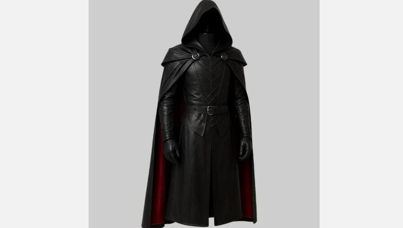 May include: A black hooded cloak and coat ensemble. The long coat features a belt at the waist and a cape that drapes over the shoulders. The interior of the cape is red. The outfit includes gloves.
