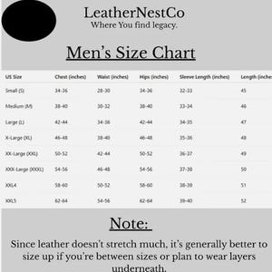 May include: A size chart for men's clothing, with measurements in inches for chest, waist, hips, sleeve length, and length. Sizes range from Small (S) to XXXL (0000). Includes a note about sizing up for leather.
