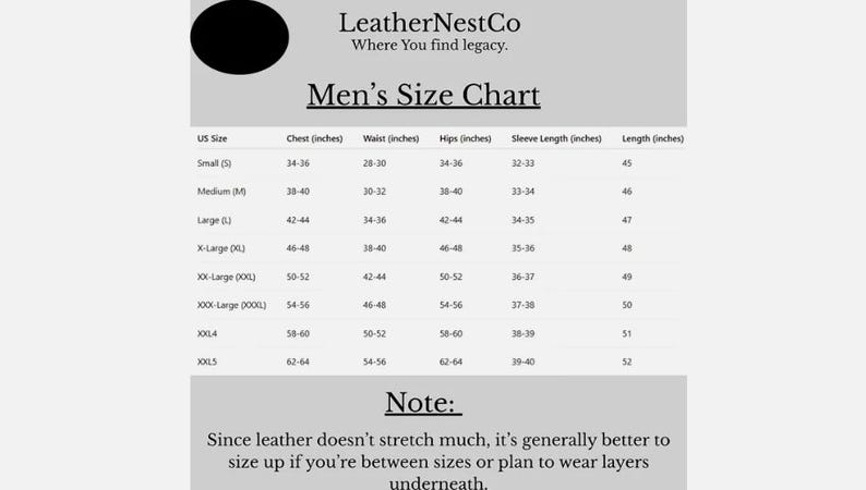 May include: A size chart for men's clothing, with measurements in inches for chest, waist, hips, sleeve length, and length. Sizes range from Small (S) to XXXL (0000). Includes a note about sizing up for leather.