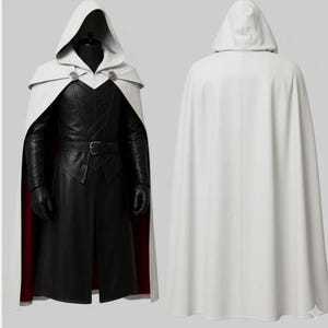 May include: A white hooded cape with silver clasps, paired with a black leather-like coat. The coat has a belt and long sleeves. The cape is shown from the front and back, revealing a red lining on the coat.