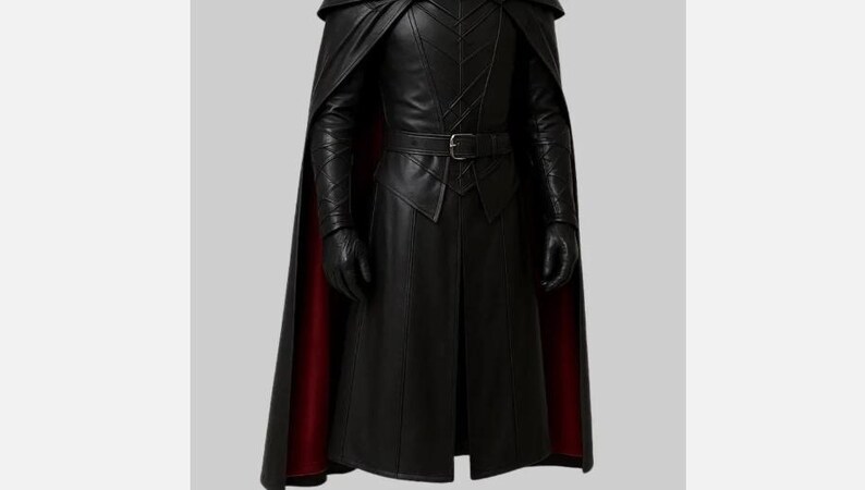 May include: A black leather costume with a long coat, cape, and gloves. The cape has a red lining. The costume features a belt with a silver buckle and intricate stitching details. The outfit is designed for cosplay or themed events.