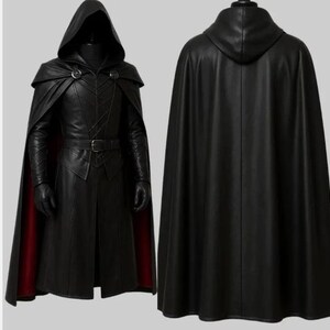 May include: A black hooded cloak and matching coat ensemble. The coat features a belt, decorative stitching, and a red lining visible at the hem. The cloak is shown from the front and back, highlighting the design and details.