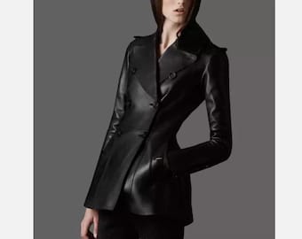 Women’s Genuine Lambskin Leather Coat | Long Blazer Style Leather Dress Jacket