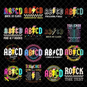 Puede incluir: Una colección de diseños gráficos coloridos con el texto "ABCD" y un rayo, al estilo rock and roll. Las frases incluyen "Back in Class", "Kindergarten Rocks" y "Teacher Tour".