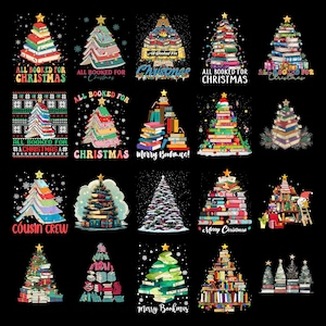 Puede incluir: Una colección de diseños de árboles de Navidad, cada uno hecho con pilas de libros. Los árboles presentan varios colores y estilos, con superposiciones de texto como "All Booked for Christmas" y "Merry Bookmas!" sobre un fondo negro.