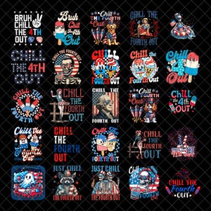 Puede incluir: Una colección de diseños gráficos con temática patriótica, con textos como "Chill the 4th Out" y "Just Chill". Los diseños incluyen ilustraciones de helados, perros y la bandera estadounidense, todo en rojo, blanco y azul.