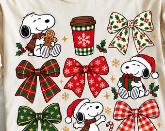 May include: A cream-colored t-shirt featuring a graphic print of Snoopy characters, various holiday bows, a coffee cup, and holly berries. Snoopy is shown wearing a scarf and Santa hat, holding a gingerbread cookie and a gift. The design includes red, green, and white patterns.