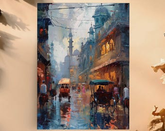 Old Lahore City Canvas Painting: Pakistani Mughal Art Wall Decor