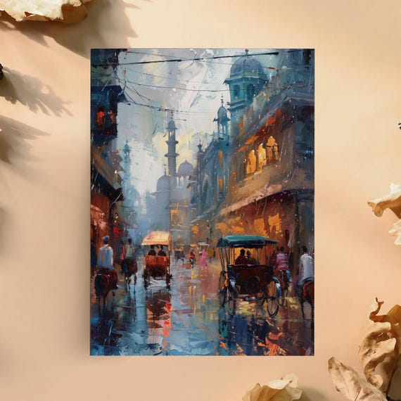 Old Lahore City Canvas Painting: Pakistani Mughal Art Wall Decor