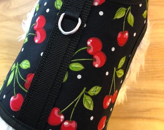 Retro Cherries Small Dog Harness Made in USA, dog harnesses, pet clothing