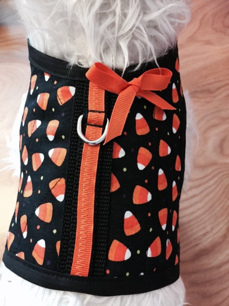May include: A black and orange dog harness with a candy corn pattern. The harness has an orange ribbon tied in a bow at the back.