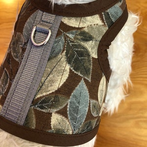 May include: A brown dog harness with a leafy pattern. The harness has a silver metal D-ring and adjustable straps.