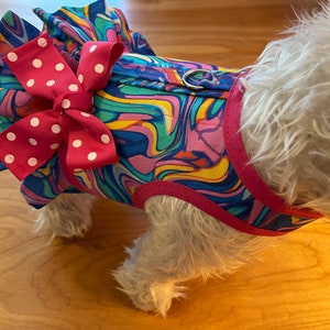May include: A pink and blue dog harness with a swirl pattern and a pink bow with white polka dots. The harness has a silver ring for attaching a leash.