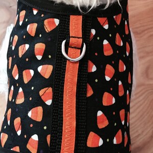 May include: A black dog harness with an orange and white candy corn pattern. The harness has a silver D-ring and an orange adjustable strap.