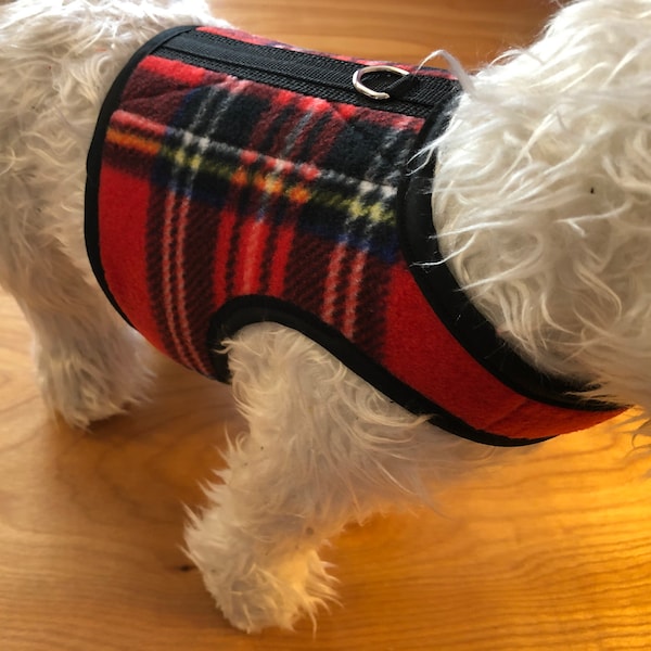 Red Tartan Plaid Small Dog Harness Made in USA, dog harnesses, fleece, pet clothing