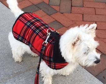 Tartan Plaid Sherpa Lined Dog Jacket, Dog Coat, Dog Jackets, pet clothing, red plaid, made in USA