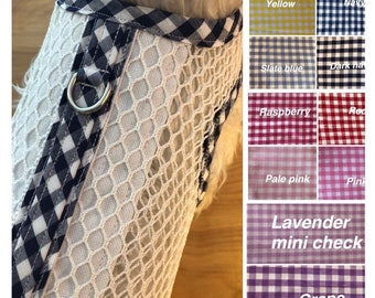 Gingham Trim Kleines Hundegeschirr, Atmungsaktives weißes Netz, Made in USA, Hundegeschirr, Haustierkleidung, Hochzeits-Hundegeschirr