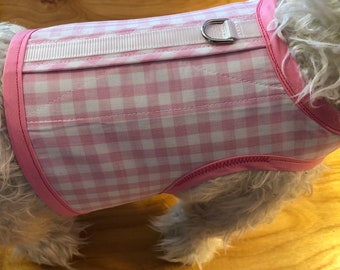 Retro Pink Gingham Small Dog Harness Made in USA, dog harnesses, pet clothing