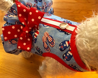 4th of July Flip flops print Small Dog ruffle Harness, Made in USA, dog harnesses, pet clothing