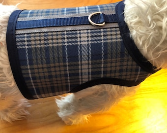 Classic blue plaid Small Dog Harness Made in USA, dog harnesses, pet clothing