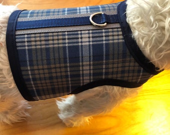 Arnés clásico a cuadros azules para perros pequeños fabricado en EE. UU., arneses para perros, ropa para mascotas