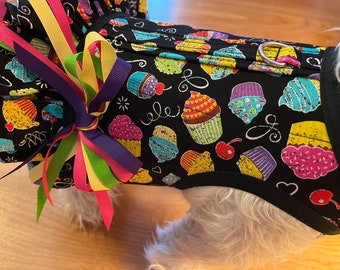 Cupcake Birthday  print Small Dog double ruffle  Harness, Made in USA, dog harnesses, pet clothing