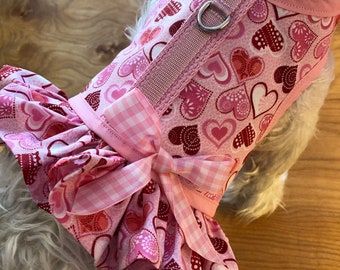 Valentine Pink hearts Small Dog Ruffle Harness, dog harnesses, pet clothing, Made in USA