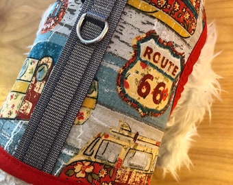 Arnés para perros pequeños Happy Camper II, fabricado en EE. UU., arneses para perros, ropa para mascotas, retro, Ruta 66