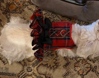 Red Tartan plaid Ruffle Small Dog Harness, tartan plaid, Made in USA