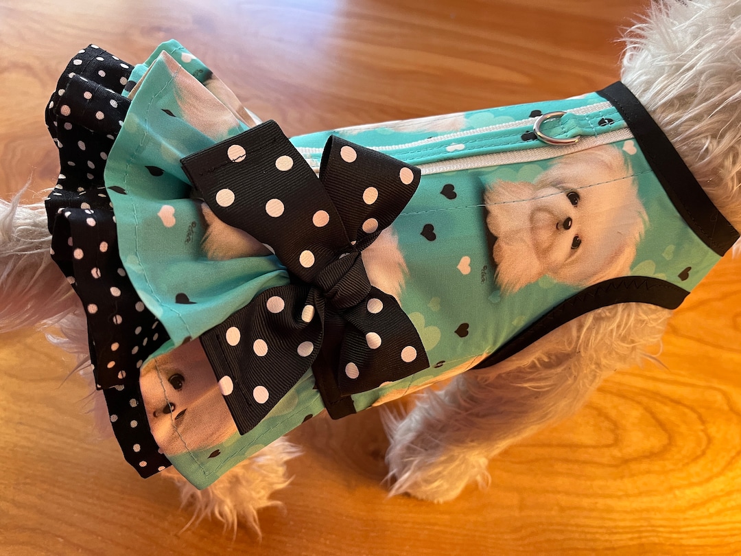 Maltese Print Small Dog Double Ruffle Harness, Made in USA, Dog