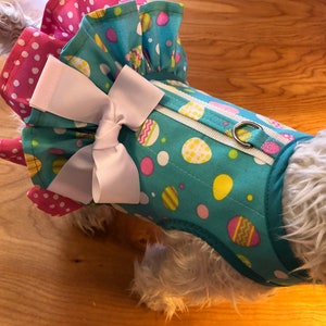 Easter eggs print Small Dog double Ruffle Harness, Made in USA, Easter