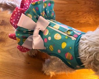 Easter eggs print Small Dog double Ruffle Harness, Made in USA, Easter