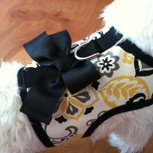 Small Dog Harness, Summer Paisley, Bow, yellow, black, Made in USA, dog harnesses, pet clothing