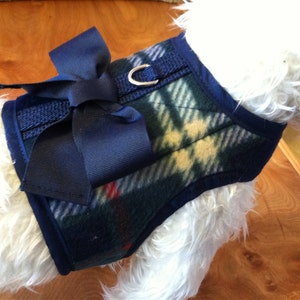 Green British Plaid Small Dog Harness with Bow Made in USA, dog harnesses, fleece, pet clothing