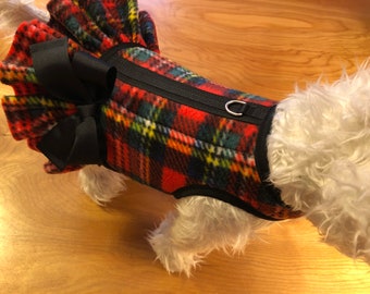 Red yellow black tartan fleece Small Dog ruffle Harness, dog harnesses, pet clothing, Christmas dog harness Made in USA