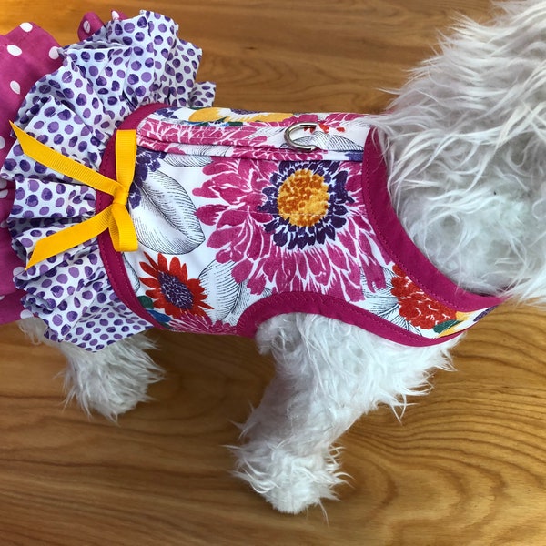 Zinnia garden print double ruffle small dog harness , Made in USA, pet clothing, dog harnesses