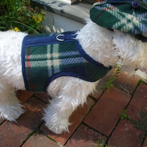 Small Dog Harness, British plaid navy and green fleece, Made in USA, pet clothing, dog harnesses