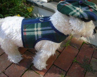 Arnés para perros pequeños, cuadros escoceses británicos, azul marino y vellón verde, fabricado en EE. UU., ropa para mascotas, arneses para perros