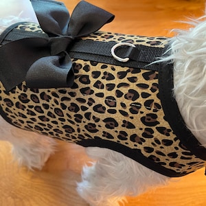 Pode incluir: Um arnês para cão com estampa de leopardo marrom e preto com um laço preto e um anel em D prateado.