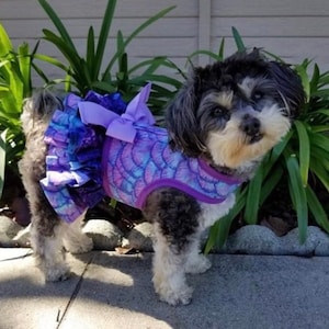 Meerjungfrau-Skalen-Dreifach-Rüschen Geschirr für kleine Hunde Made in USA, Hundegeschirre, Haustierkleidung, lila